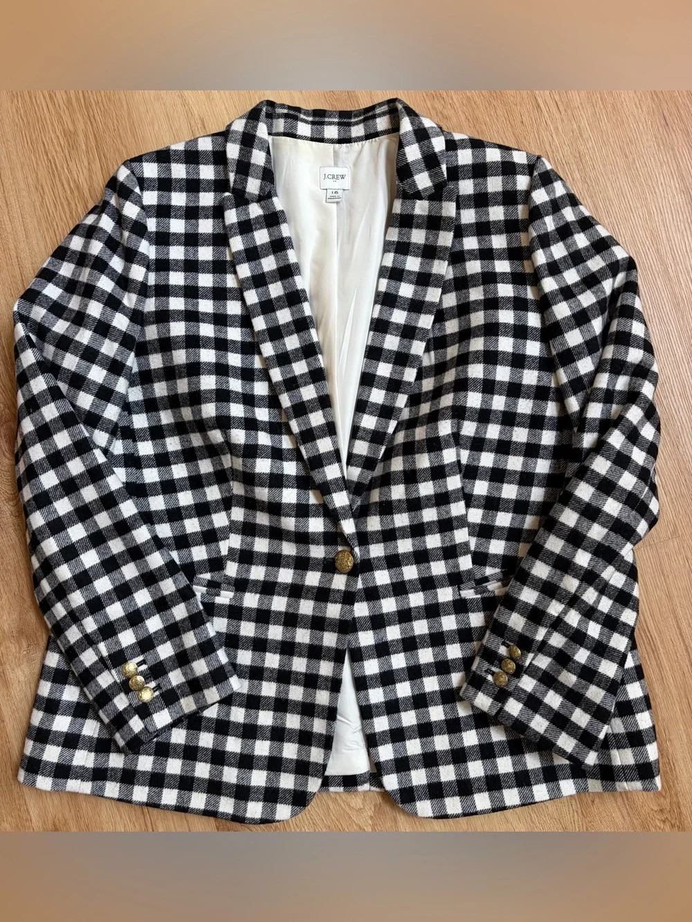 J. Crew Wool blend blazer one button buffalo check black white size 16 classic
